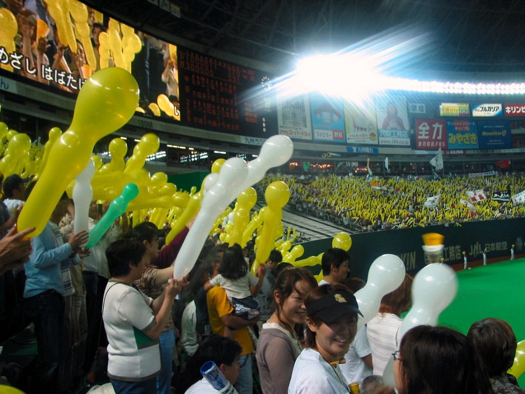 NPB game day at Fukuoka Dome: fans releasing balloons during the 7th inning