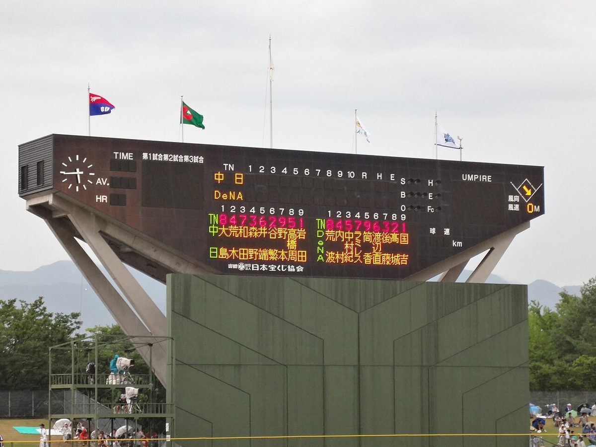 Japanese-language lineup scoreboard (DeNA vs Chunichi, 2012), which shows baseball terms in Japanese