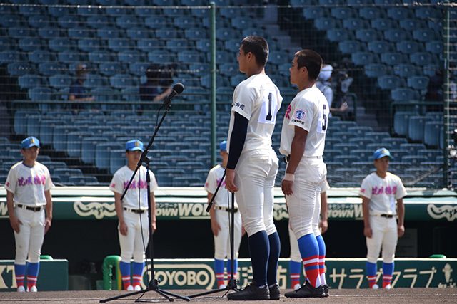 High-school players on the field at Koshien Stadium